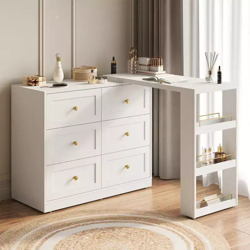 Coiffeuse d'angle extensible 6 tiroirs Heynemo avec 3 étagères latérales, coiffeuse de maquillage, table de toilette en bois pour chambre à coucher