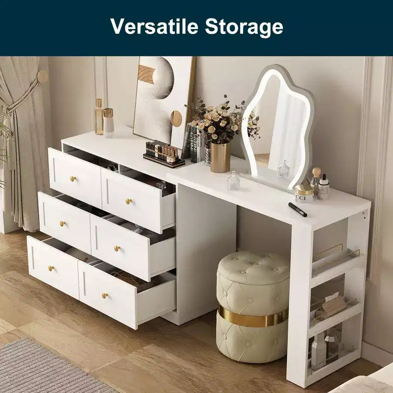 Coiffeuse d'angle extensible 6 tiroirs Heynemo avec 3 étagères latérales, coiffeuse de maquillage, table de toilette en bois pour chambre à coucher