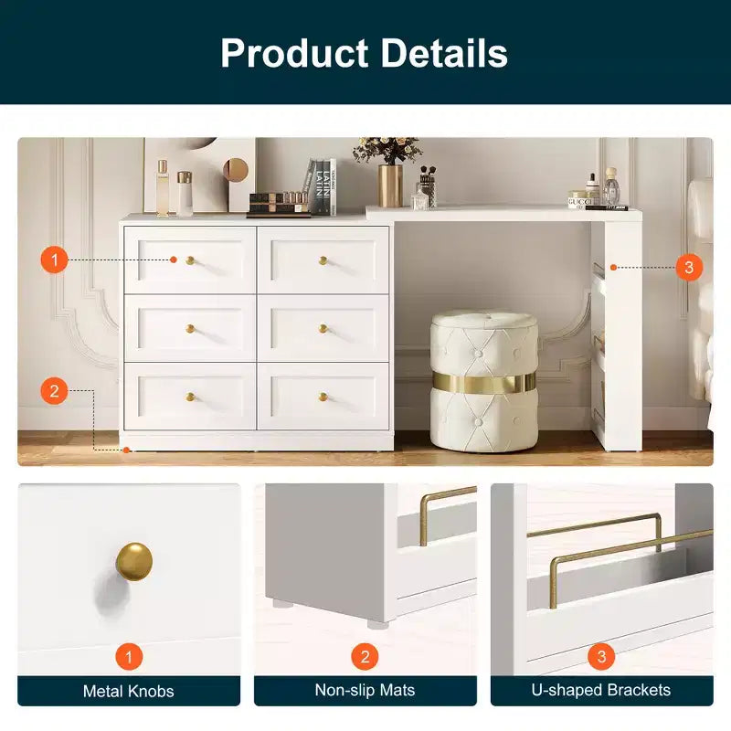 Coiffeuse d'angle extensible 6 tiroirs Heynemo avec 3 étagères latérales, coiffeuse de maquillage, table de toilette en bois pour chambre à coucher
