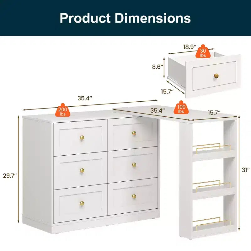 Coiffeuse d'angle extensible 6 tiroirs Heynemo avec 3 étagères latérales, coiffeuse de maquillage, table de toilette en bois pour chambre à coucher