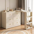 Coiffeuse d'angle extensible 6 tiroirs Heynemo avec 3 étagères latérales, coiffeuse de maquillage, table de toilette en bois pour chambre à coucher