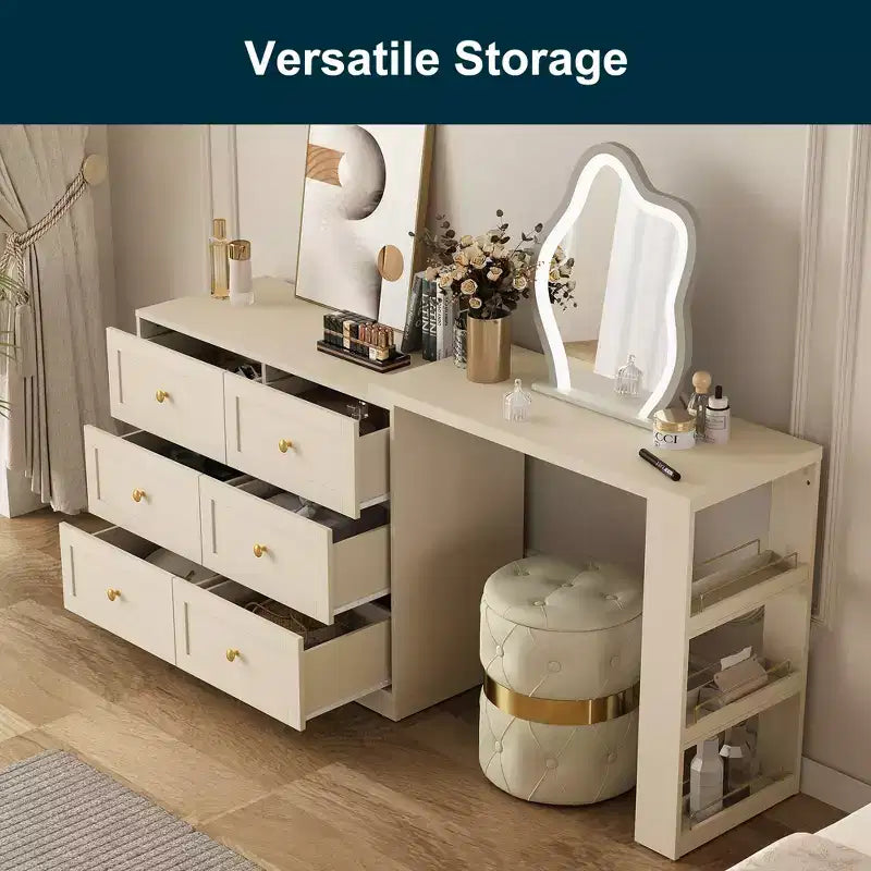 Coiffeuse d'angle extensible 6 tiroirs Heynemo avec 3 étagères latérales, coiffeuse de maquillage, table de toilette en bois pour chambre à coucher