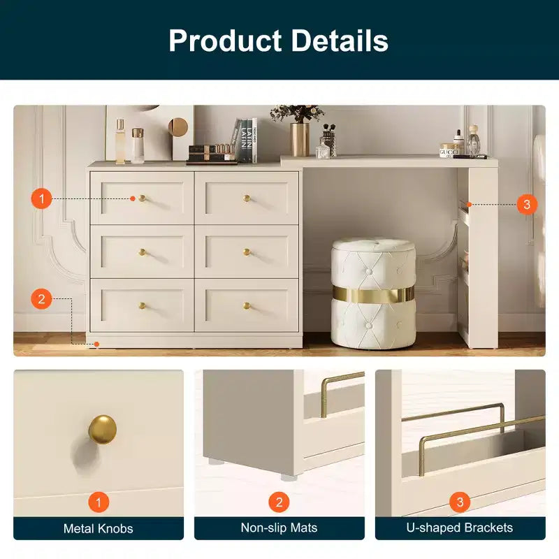 Coiffeuse d'angle extensible 6 tiroirs Heynemo avec 3 étagères latérales, coiffeuse de maquillage, table de toilette en bois pour chambre à coucher