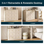 Coiffeuse d'angle extensible 6 tiroirs Heynemo avec 3 étagères latérales, coiffeuse de maquillage, table de toilette en bois pour chambre à coucher