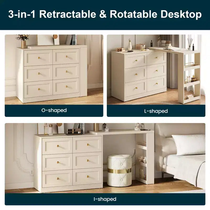 Coiffeuse d'angle extensible 6 tiroirs Heynemo avec 3 étagères latérales, coiffeuse de maquillage, table de toilette en bois pour chambre à coucher