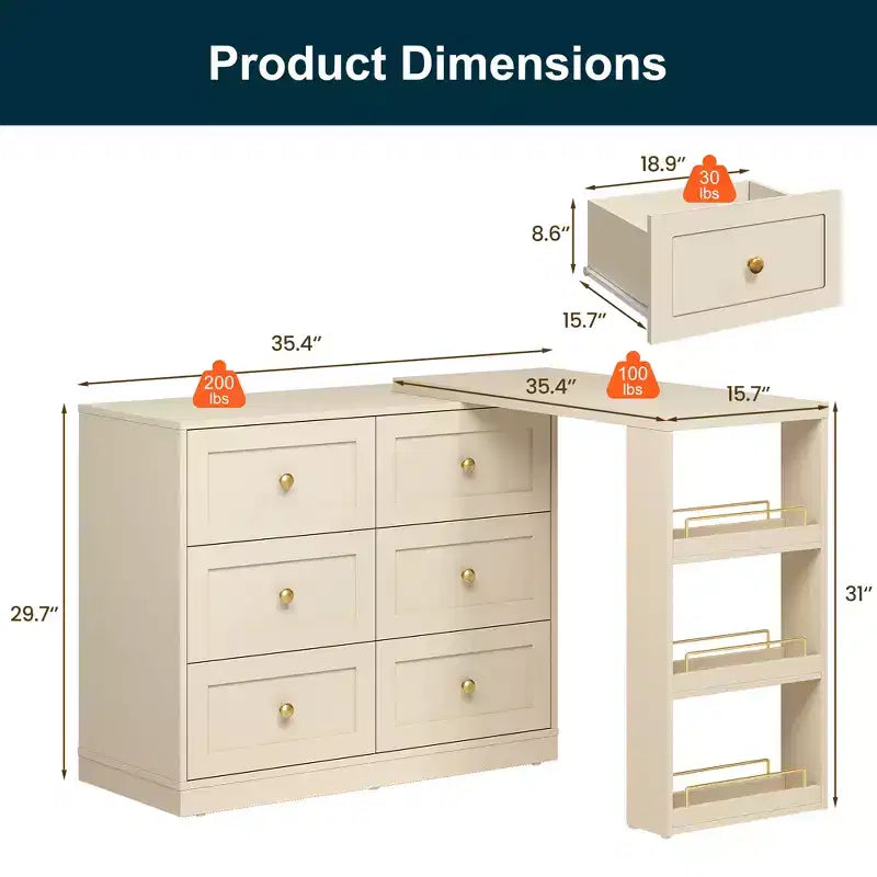 Coiffeuse d'angle extensible 6 tiroirs Heynemo avec 3 étagères latérales, coiffeuse de maquillage, table de toilette en bois pour chambre à coucher