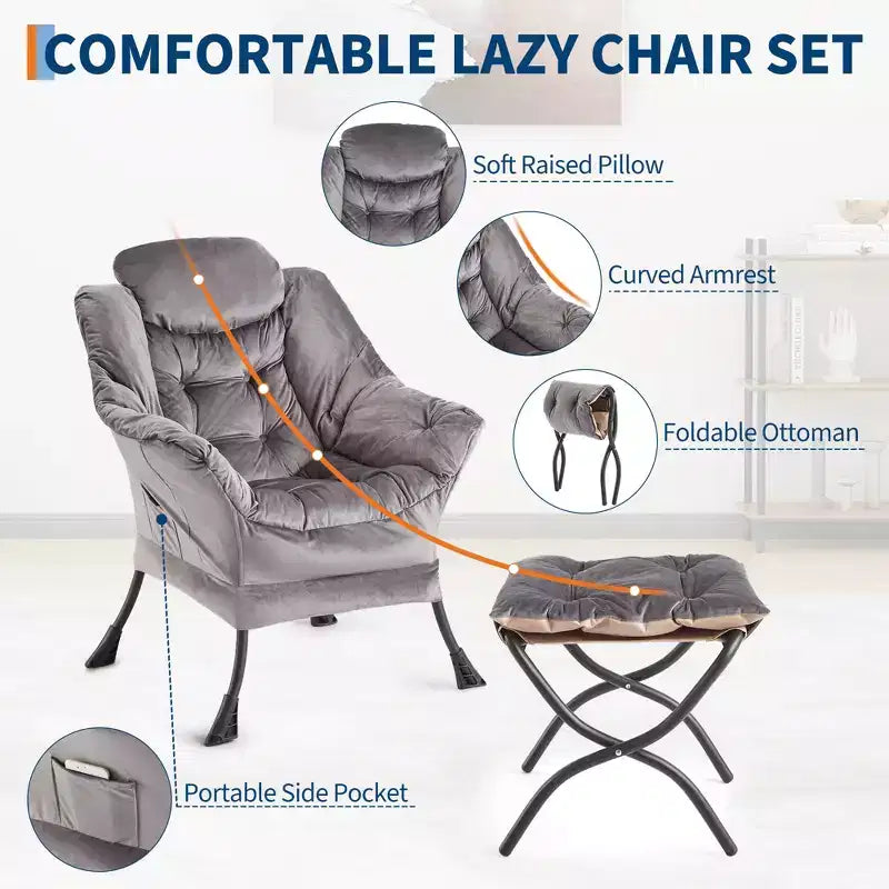 Fauteuil de relaxation avec pouf, canapé de lecture moderne, poche latérale, pour salon, chambre à coucher