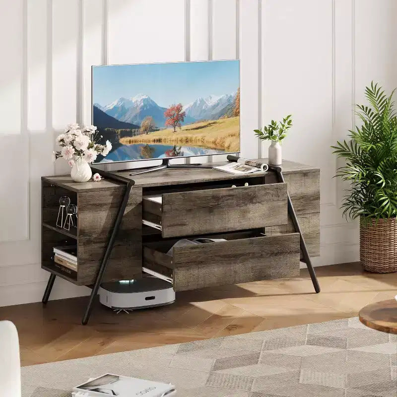 Meuble TV de 119 cm pour téléviseurs de 50 à 65 pouces, meuble de divertissement avec 2 tiroirs, étagères réglables et pieds en métal en U, console TV en bois moderne
