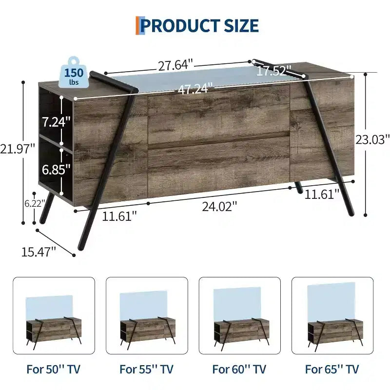 Meuble TV de 119 cm pour téléviseurs de 50 à 65 pouces, meuble de divertissement avec 2 tiroirs, étagères réglables et pieds en métal en U, console TV en bois moderne