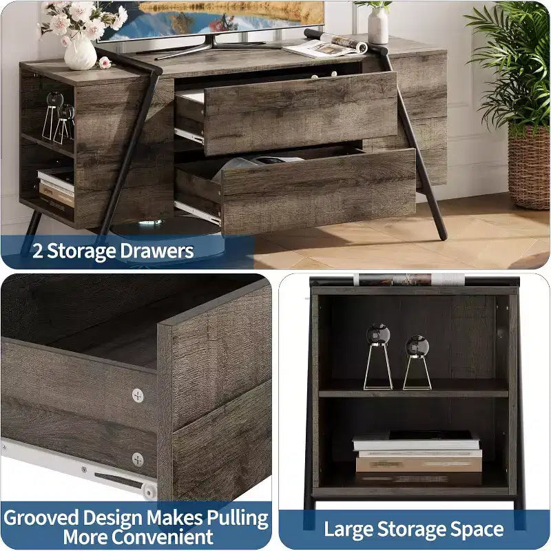 Meuble TV de 119 cm pour téléviseurs de 50 à 65 pouces, meuble de divertissement avec 2 tiroirs, étagères réglables et pieds en métal en U, console TV en bois moderne