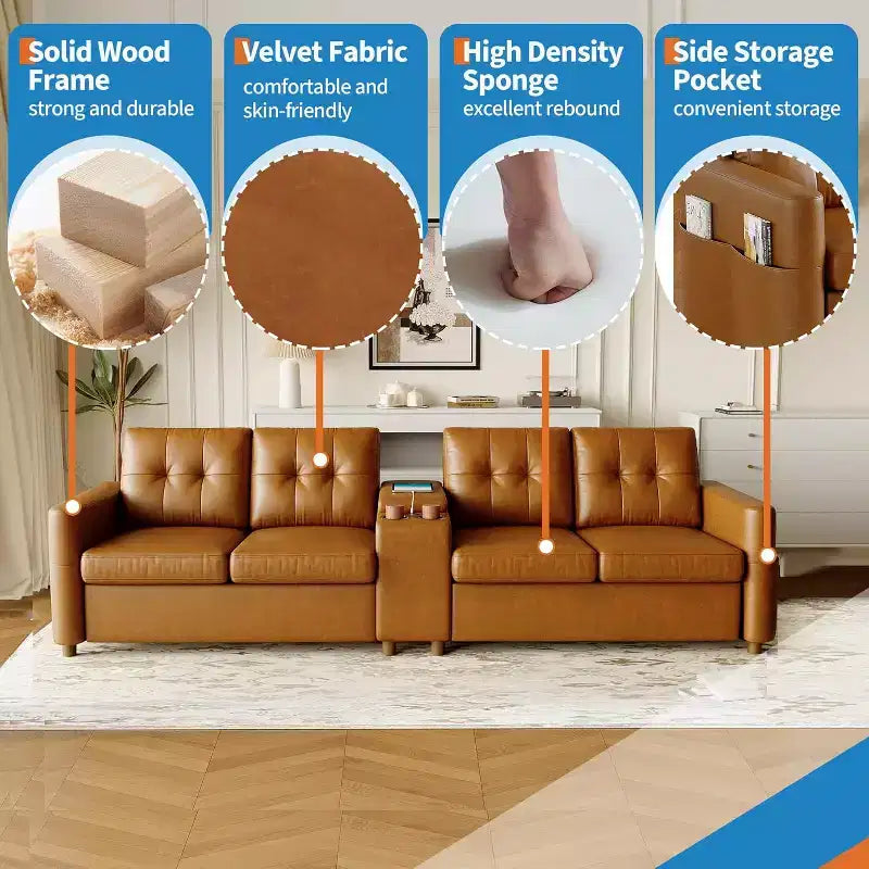 Canapé sectionnel moderne pour 4 personnes, canapé compact avec console de rangement, station de recharge et porte-gobelets, pour salons, petits espaces