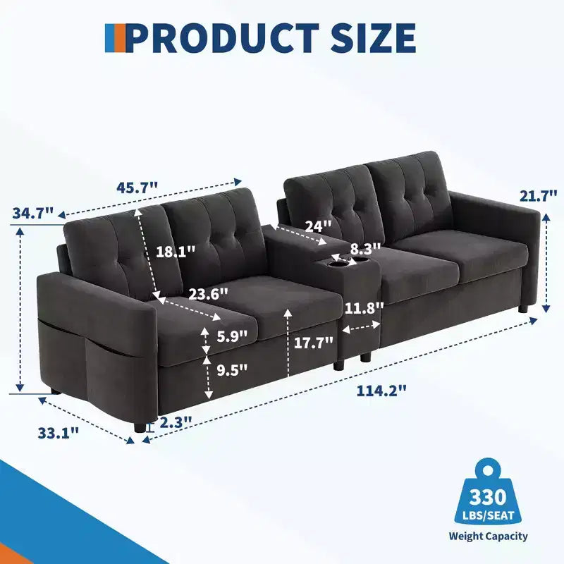 Canapé sectionnel moderne pour 4 personnes, canapé compact avec console de rangement, station de recharge et porte-gobelets, pour salons, petits espaces