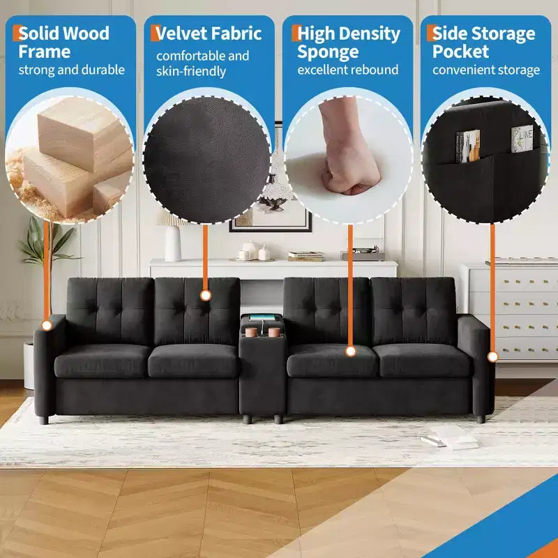 Canapé sectionnel moderne pour 4 personnes, canapé compact avec console de rangement, station de recharge et porte-gobelets, pour salons, petits espaces