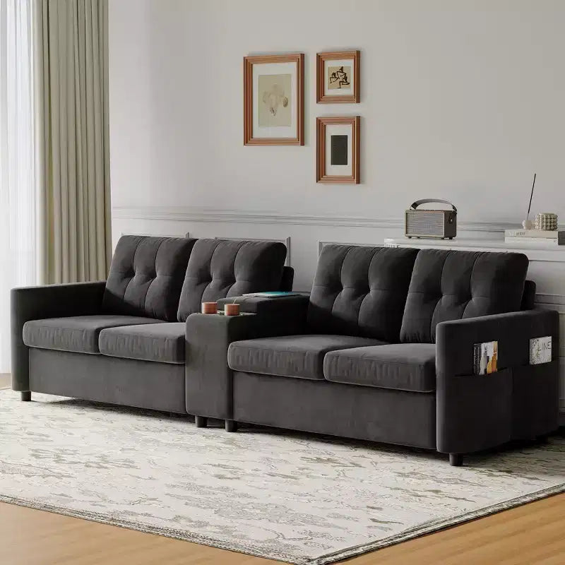 Canapé sectionnel moderne pour 4 personnes, canapé compact avec console de rangement, station de recharge et porte-gobelets, pour salons, petits espaces