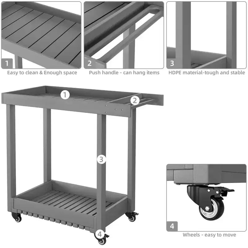 Dessert polyvalent – Chariot de préparation d'extérieur à deux niveaux avec roues et support avec couvercle – Capacité de 227 kg – Convient pour la maison, le bureau, le patio et le barbecue
