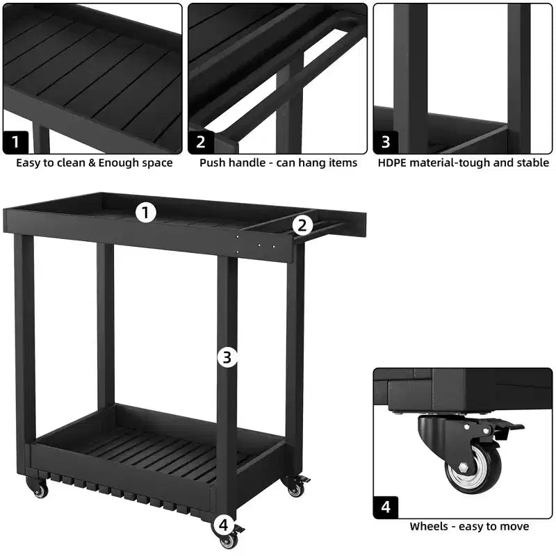 Dessert polyvalent – Chariot de préparation d'extérieur à deux niveaux avec roues et support avec couvercle – Capacité de 227 kg – Convient pour la maison, le bureau, le patio et le barbecue