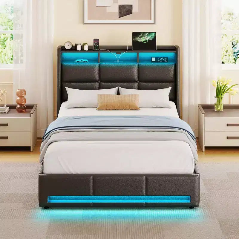 Cadre de lit plateforme Greenstell avec 4 tiroirs de rangement et station de recharge, tête de lit rembourrée avec éclairage LED