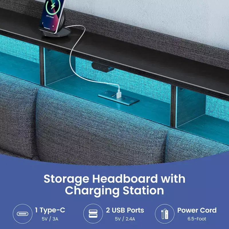 Cadre de lit plateforme Greenstell avec 4 tiroirs de rangement et station de recharge, tête de lit rembourrée avec éclairage LED