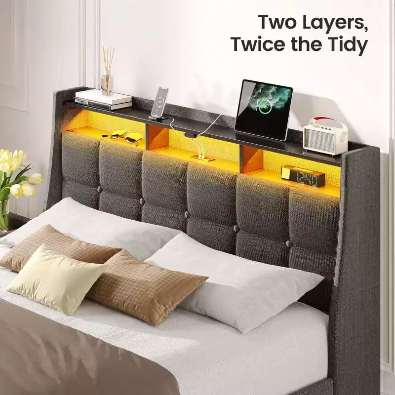 Cadre de lit plateforme Greenstell avec 4 tiroirs de rangement et station de recharge, tête de lit rembourrée avec éclairage LED