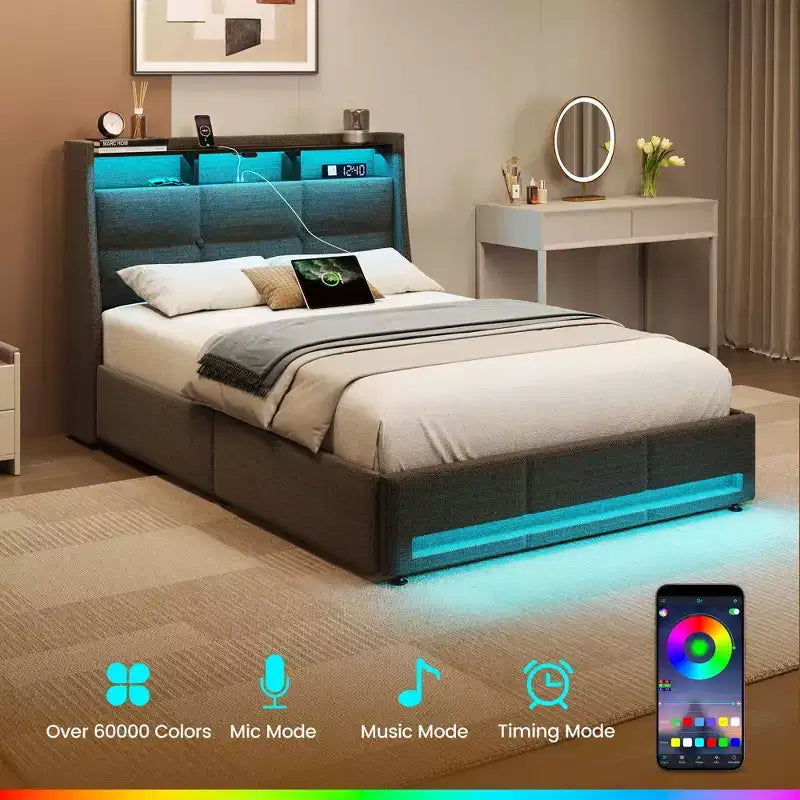 Cadre de lit plateforme Greenstell avec 4 tiroirs de rangement et station de recharge, tête de lit rembourrée avec éclairage LED
