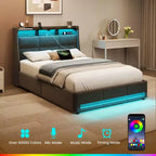 Cadre de lit plateforme Greenstell avec 4 tiroirs de rangement et station de recharge, tête de lit rembourrée avec éclairage LED