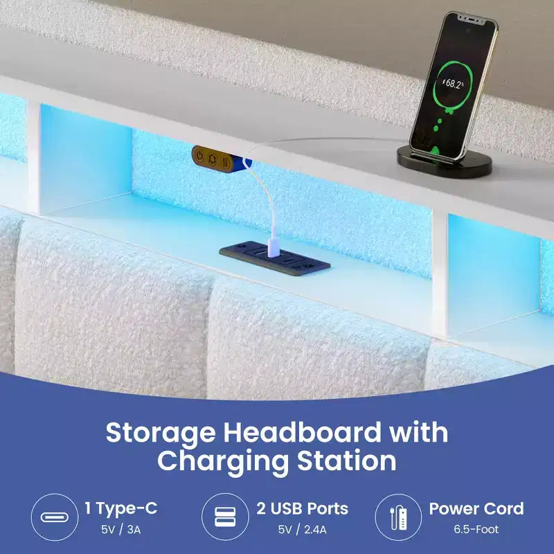 Cadre de lit plateforme Greenstell avec 4 tiroirs de rangement et station de recharge, tête de lit rembourrée avec éclairage LED