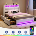 Cadre de lit plateforme Greenstell avec 4 tiroirs de rangement et station de recharge, tête de lit rembourrée avec éclairage LED