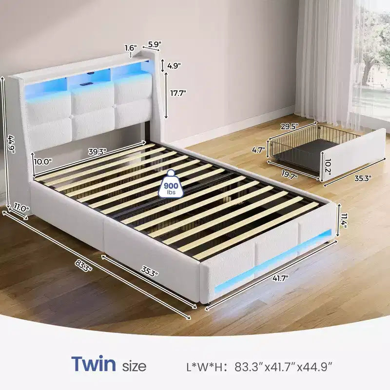 Cadre de lit plateforme Greenstell avec 4 tiroirs de rangement et station de recharge, tête de lit rembourrée avec éclairage LED