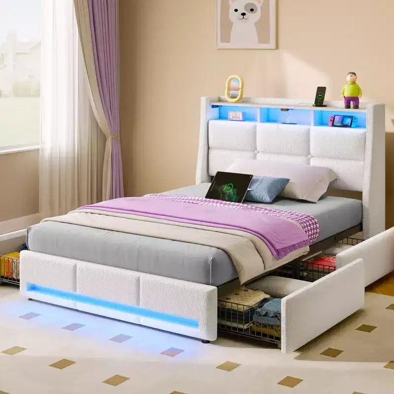 Cadre de lit plateforme Greenstell avec 4 tiroirs de rangement et station de recharge, tête de lit rembourrée avec éclairage LED