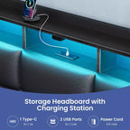 Cadre de lit plateforme Greenstell avec 4 tiroirs de rangement et station de recharge, tête de lit rembourrée avec éclairage LED