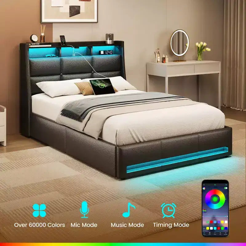 Cadre de lit plateforme Greenstell avec 4 tiroirs de rangement et station de recharge, tête de lit rembourrée avec éclairage LED