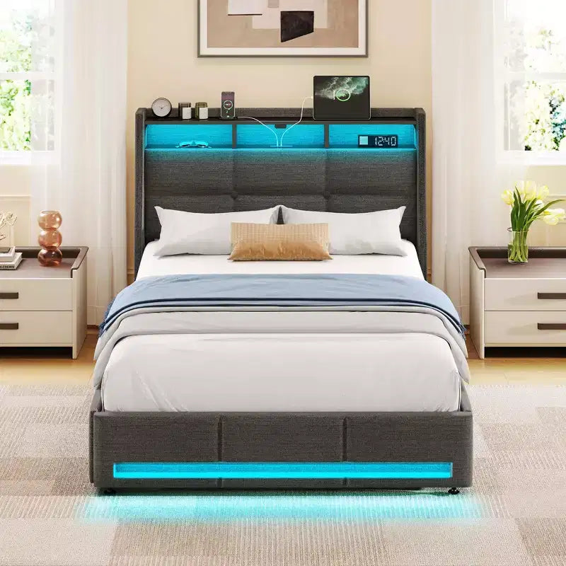 Cadre de lit plateforme Greenstell avec 4 tiroirs de rangement et station de recharge, tête de lit rembourrée avec éclairage LED