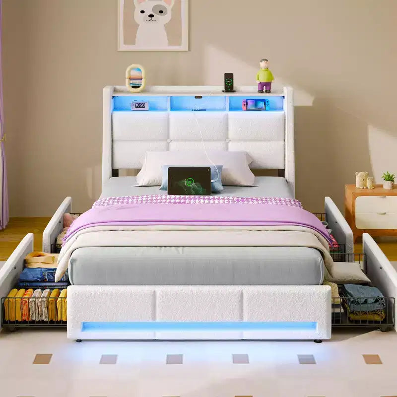 Cadre de lit plateforme Greenstell avec 4 tiroirs de rangement et station de recharge, tête de lit rembourrée avec éclairage LED