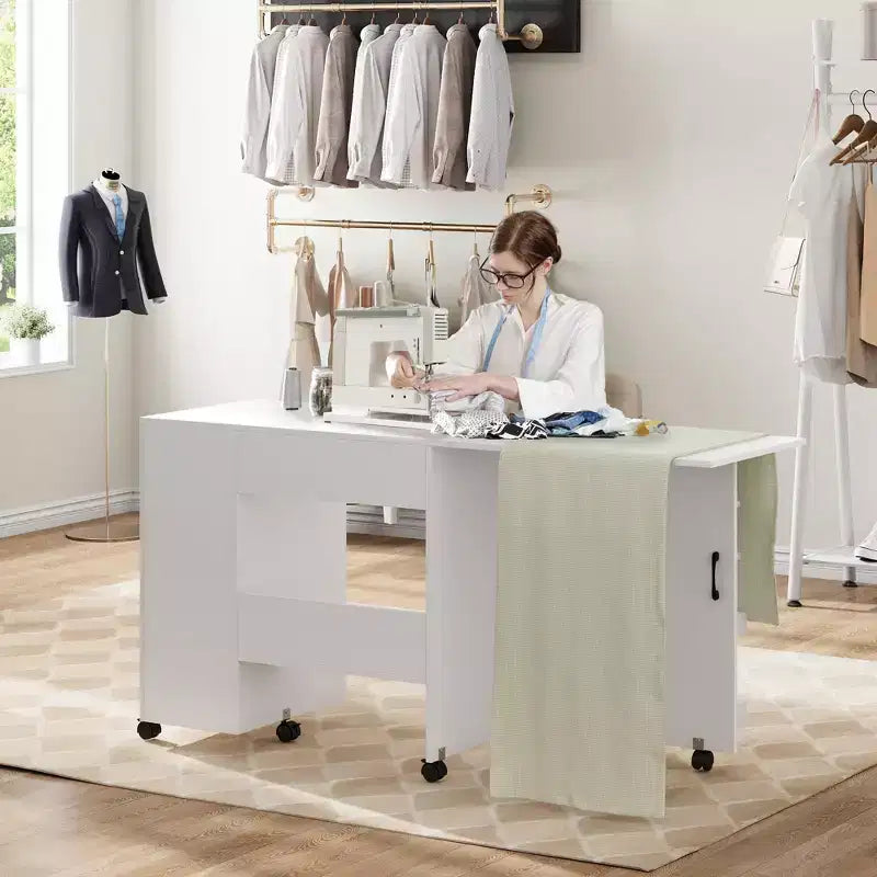 Sewing Table with Storage, Folding Craft Table with Lockable Wheels and Sliding Drawer