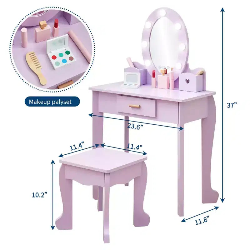 Coiffeuse pour enfants avec miroir et lumière, table de maquillage et tabouret pour filles, ensemble coiffeuse et chaise avec jouet de maquillage en bois pour les 4-9 ans