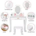 Coiffeuse pour enfants avec miroir et lumière, table de maquillage et tabouret pour filles, ensemble coiffeuse et chaise avec jouet de maquillage en bois pour les 4-9 ans