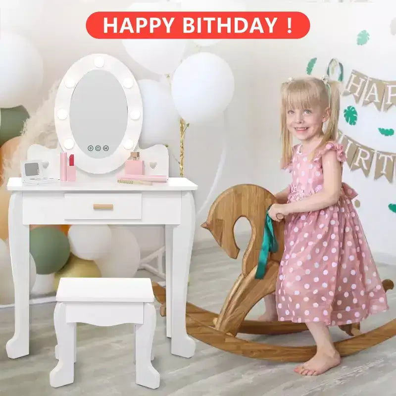 Coiffeuse pour enfants avec miroir et lumière, table de maquillage et tabouret pour filles, ensemble coiffeuse et chaise avec jouet de maquillage en bois pour les 4-9 ans