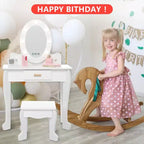 Coiffeuse pour enfants avec miroir et lumière, table de maquillage et tabouret pour filles, ensemble coiffeuse et chaise avec jouet de maquillage en bois pour les 4-9 ans