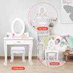 Coiffeuse pour enfants avec miroir et lumière, table de maquillage et tabouret pour filles, ensemble coiffeuse et chaise avec jouet de maquillage en bois pour les 4-9 ans