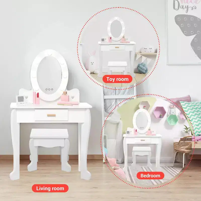 Coiffeuse pour enfants avec miroir et lumière, table de maquillage et tabouret pour filles, ensemble coiffeuse et chaise avec jouet de maquillage en bois pour les 4-9 ans