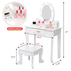 Coiffeuse pour enfants avec miroir et lumière, table de maquillage et tabouret pour filles, ensemble coiffeuse et chaise avec jouet de maquillage en bois pour les 4-9 ans