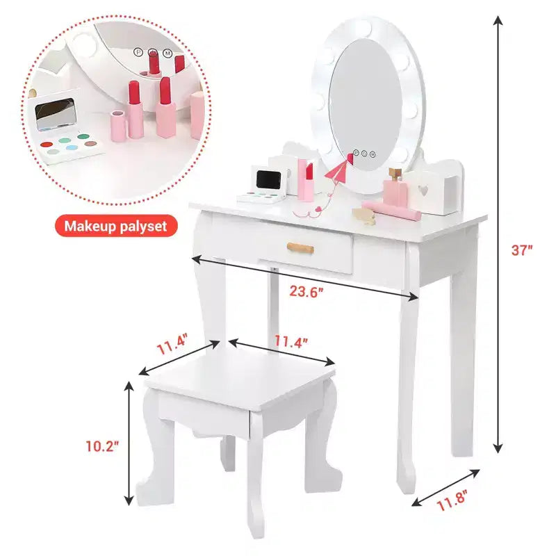 Coiffeuse pour enfants avec miroir et lumière, table de maquillage et tabouret pour filles, ensemble coiffeuse et chaise avec jouet de maquillage en bois pour les 4-9 ans