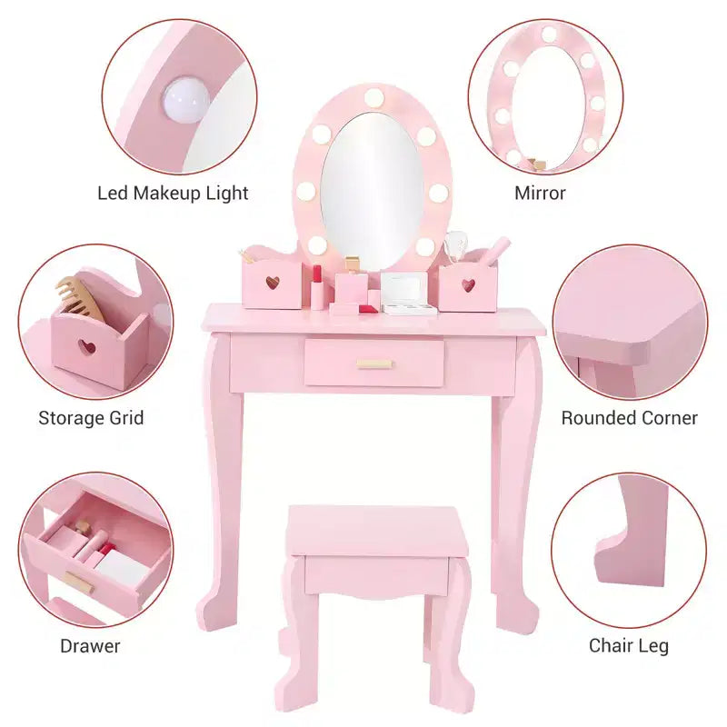 Coiffeuse pour enfants avec miroir et lumière, table de maquillage et tabouret pour filles, ensemble coiffeuse et chaise avec jouet de maquillage en bois pour les 4-9 ans