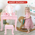 Coiffeuse pour enfants avec miroir et lumière, table de maquillage et tabouret pour filles, ensemble coiffeuse et chaise avec jouet de maquillage en bois pour les 4-9 ans