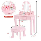 Coiffeuse pour enfants avec miroir et lumière, table de maquillage et tabouret pour filles, ensemble coiffeuse et chaise avec jouet de maquillage en bois pour les 4-9 ans