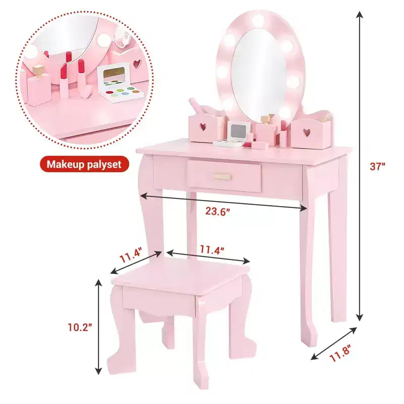 Coiffeuse pour enfants avec miroir et lumière, table de maquillage et tabouret pour filles, ensemble coiffeuse et chaise avec jouet de maquillage en bois pour les 4-9 ans