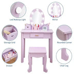 Coiffeuse pour enfants avec miroir et lumière, table de maquillage et tabouret pour filles, ensemble coiffeuse et chaise avec jouet de maquillage en bois pour les 4-9 ans