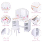 Coiffeuse pour enfants avec miroir et tiroir - Ensemble coiffeuse et chaise pour filles avec jeu de maquillage en bois, parfait pour les 3-9 ans