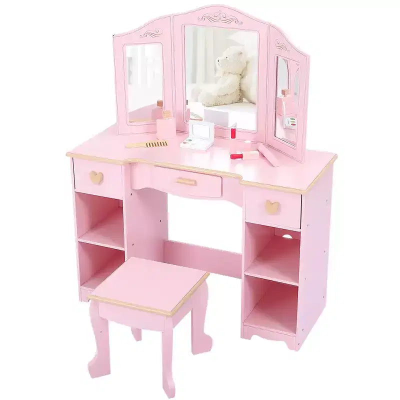 Coiffeuse pour enfants avec miroir et tiroir - Ensemble coiffeuse et chaise pour filles avec jeu de maquillage en bois, parfait pour les 3-9 ans