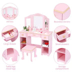 Coiffeuse pour enfants avec miroir et tiroir - Ensemble coiffeuse et chaise pour filles avec jeu de maquillage en bois, parfait pour les 3-9 ans